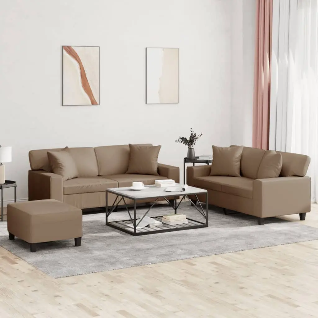 3 Piece Sofa Set Brown Faux Leather Lounge Suite with Pillows Footstool