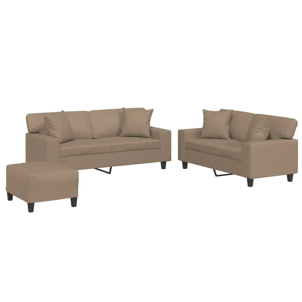 3 Piece Sofa Set Brown Faux Leather Lounge Suite with Pillows Footstool