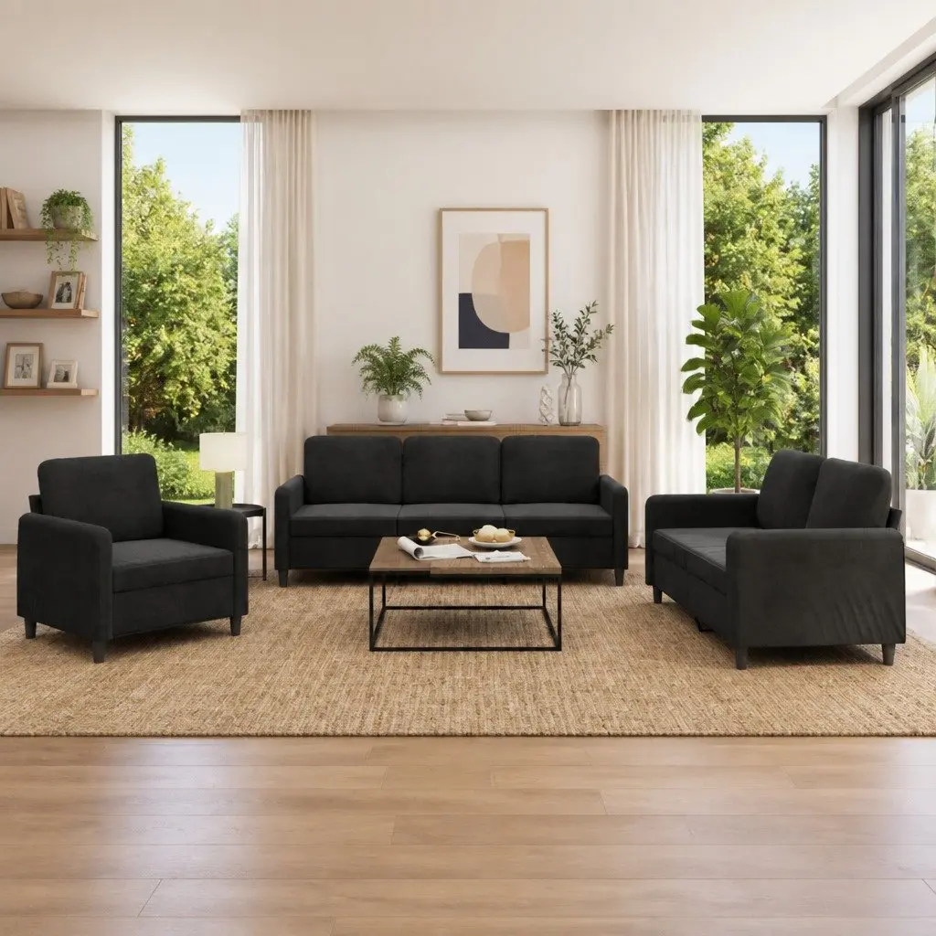 3 Piece Sofa Set Black Velvet Living Room Furniture Lounge Seating Suite