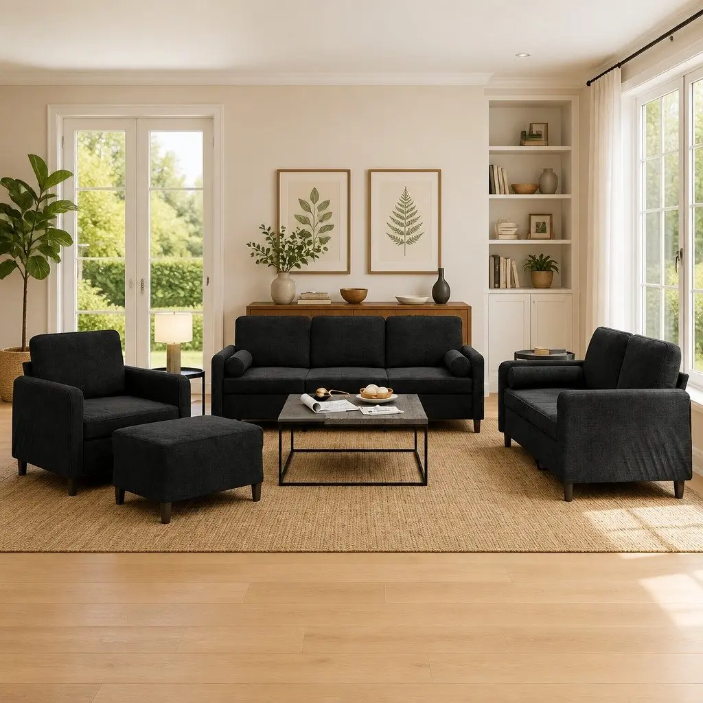 4 Piece Sofa Set Black Velvet Living Room Furniture