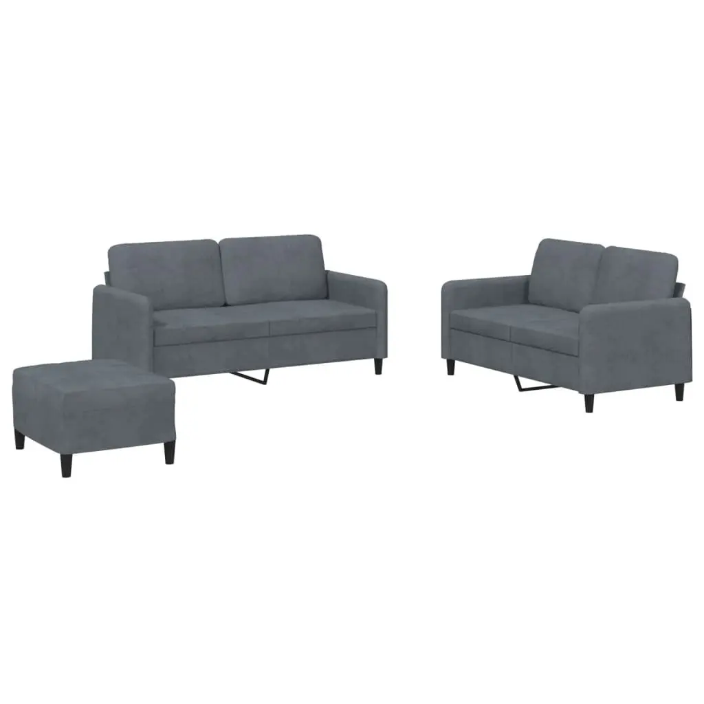 3 Piece Sofa Set Grey Velvet Lounge Suite Living Room Furniture