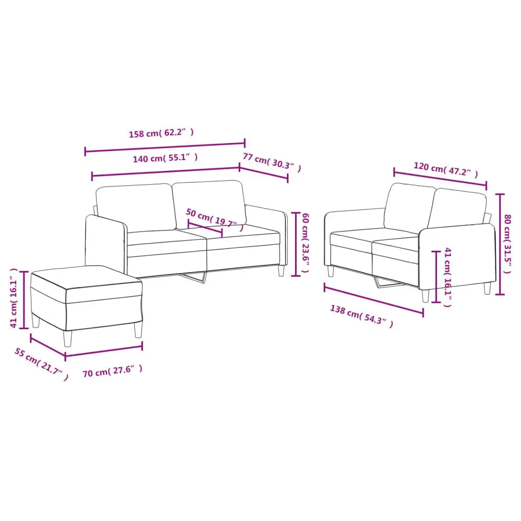 3 Piece Sofa Set Grey Velvet Lounge Suite Living Room Furniture