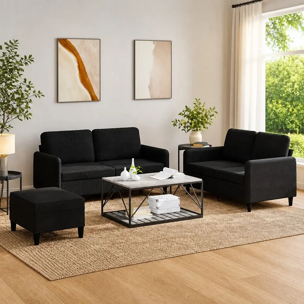3 Piece Sofa Set Black Velvet Living Room Furniture Couch Footstool