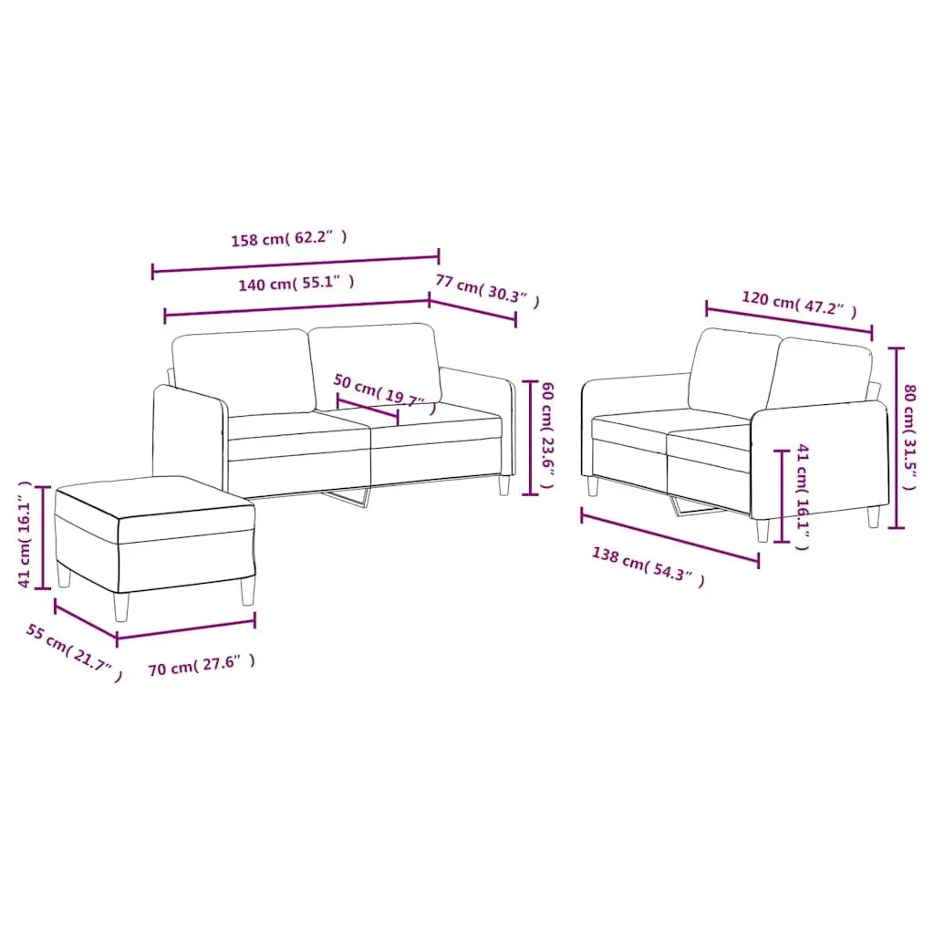 3 Piece Sofa Set Black Velvet Living Room Furniture Couch Footstool