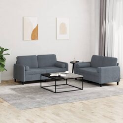 Comfortable 2 Piece Grey Velvet Sofa Set with Roll Pillows