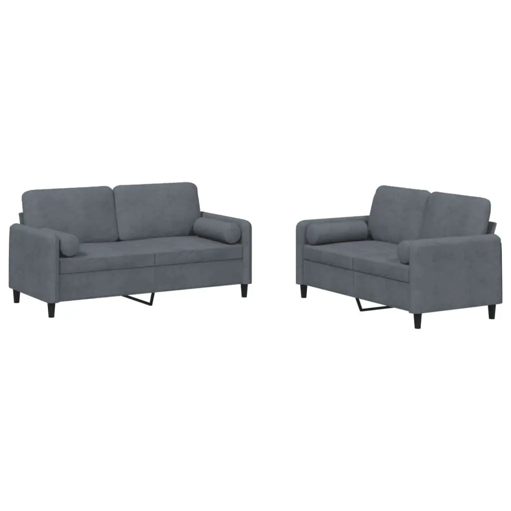 2 Piece Sofa Set Grey Velvet with Pillows Comfortable Seating Living Room