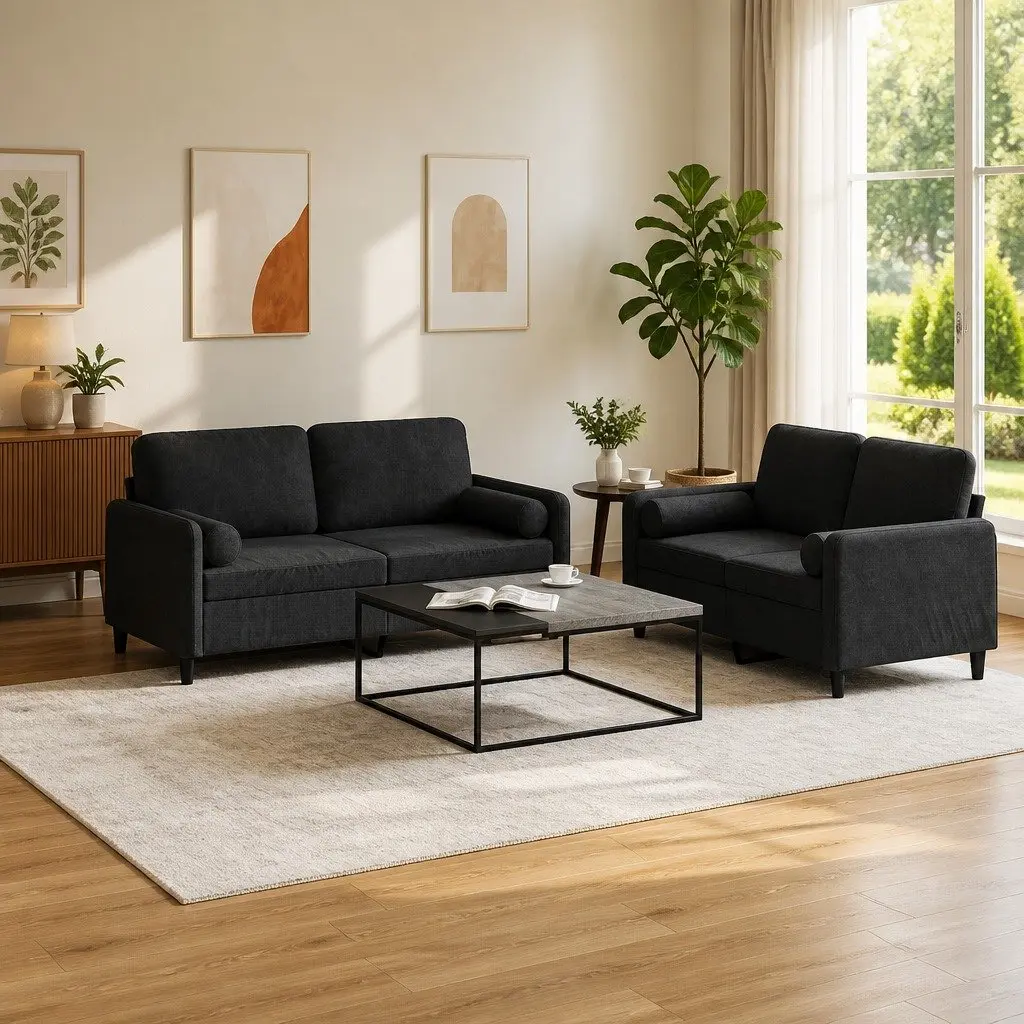 2 Piece Sofa Set Black Velvet Living Room Couch