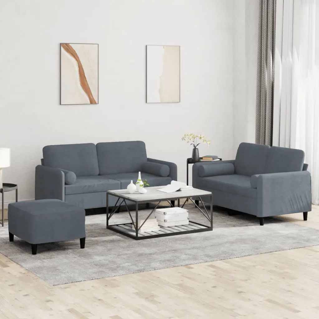3 Piece Sofa Set Grey Velvet Living Room Furniture