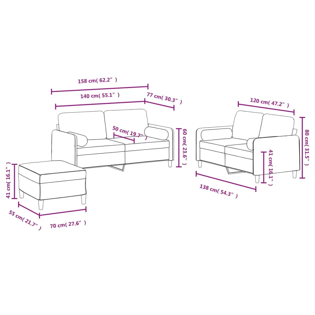 3 Piece Sofa Set Grey Velvet Living Room Furniture