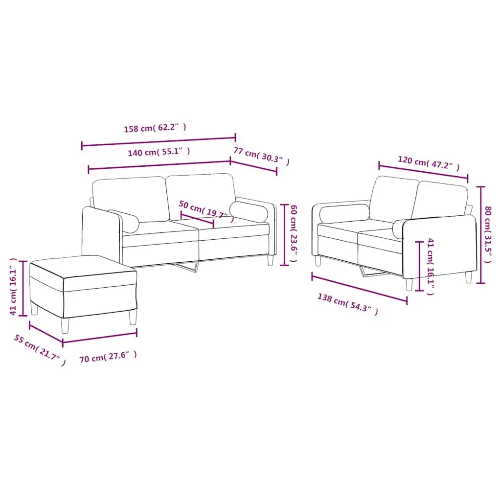 3 Piece Sofa Set Black Velvet with Pillows Footstool Living Room Furniture
