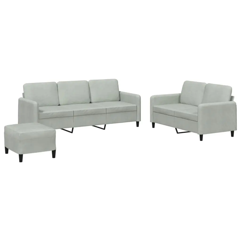 3 Piece Sofa Set Grey Velvet Living Room Furniture Couch with Footstool