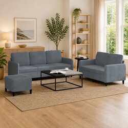 3 Piece Sofa Set Grey Velvet Lounge Couch Armchair Footstool Living Room