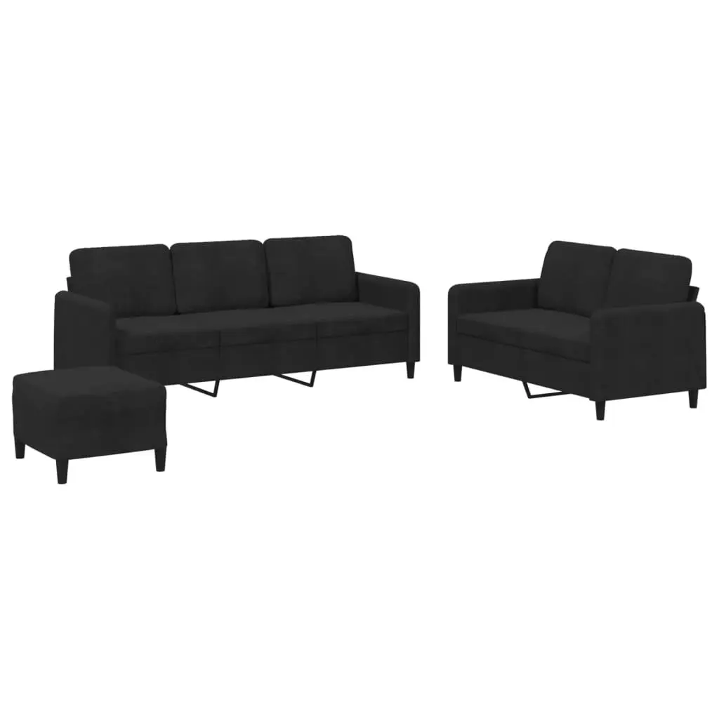 3 Piece Sofa Set Black Velvet Lounge Suite Living Room Furniture