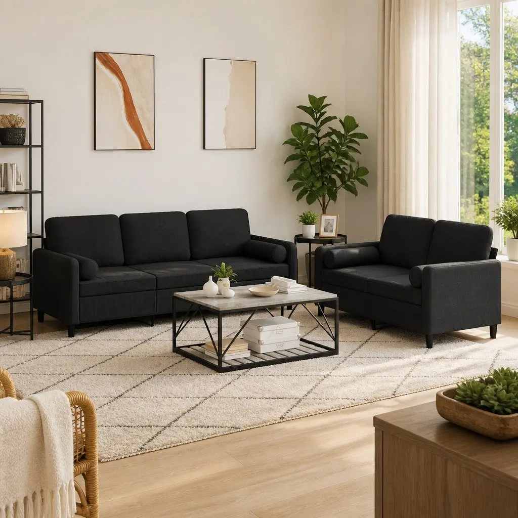 Sofa Set Black Velvet 2 Piece Lounge Suite Living Room Furniture