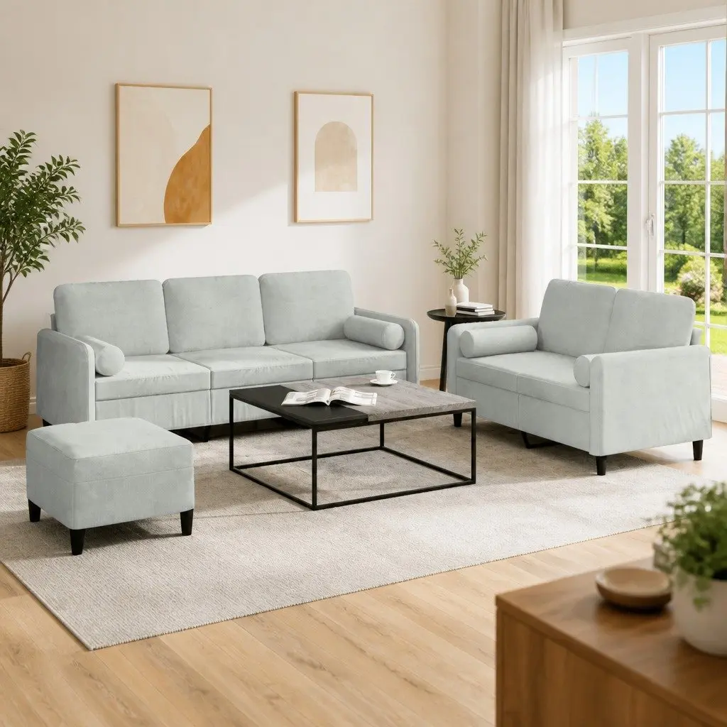 3 Piece Sofa Set Grey Velvet Couch Footstool Living Room Furniture
