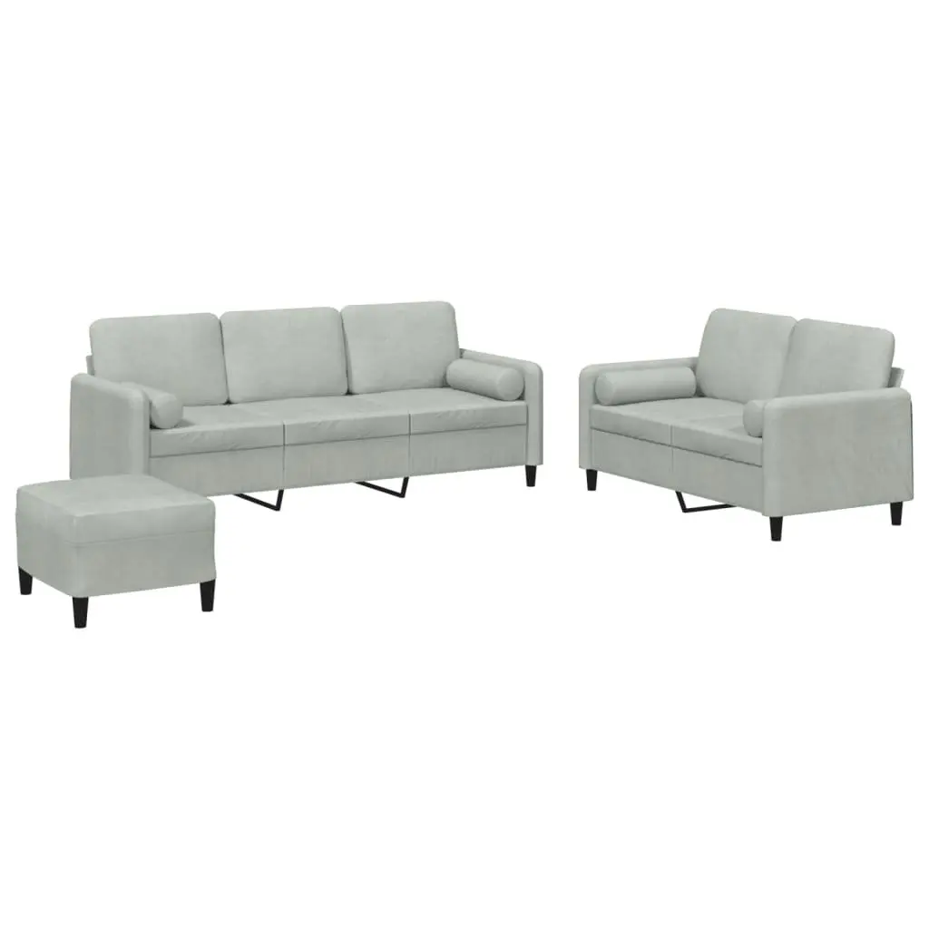 3 Piece Sofa Set Grey Velvet Couch Footstool Living Room Furniture