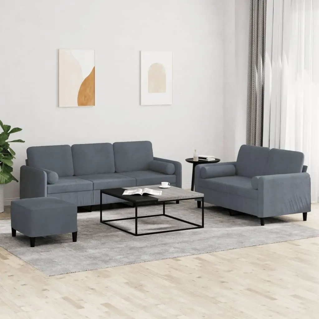 3 Piece Grey Velvet Sofa Set
