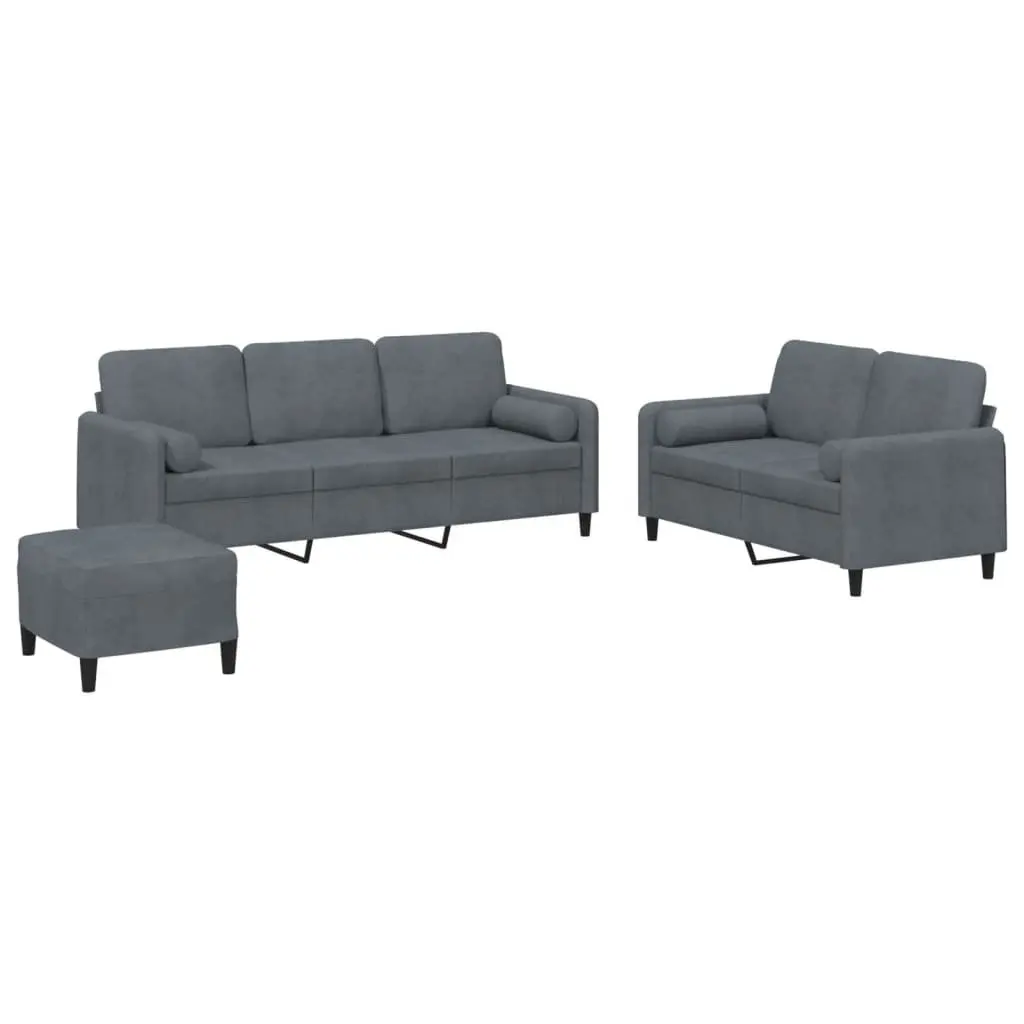 3 Piece Grey Velvet Sofa Set