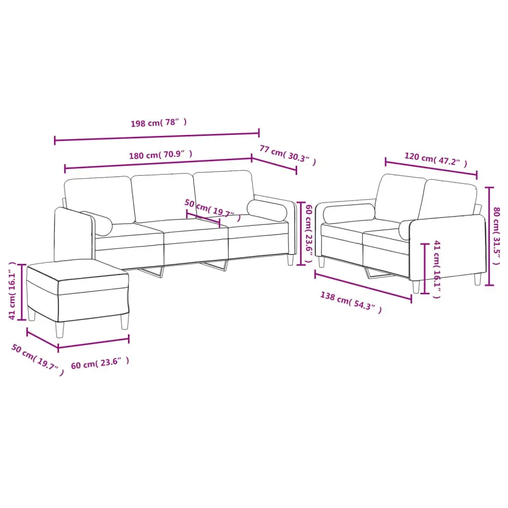 3 Piece Sofa Set Black Velvet Living Room Furniture