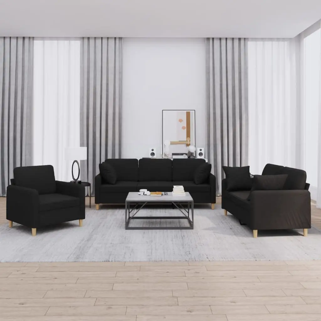 3 Piece Sofa Set Black Fabric Living Room Couch