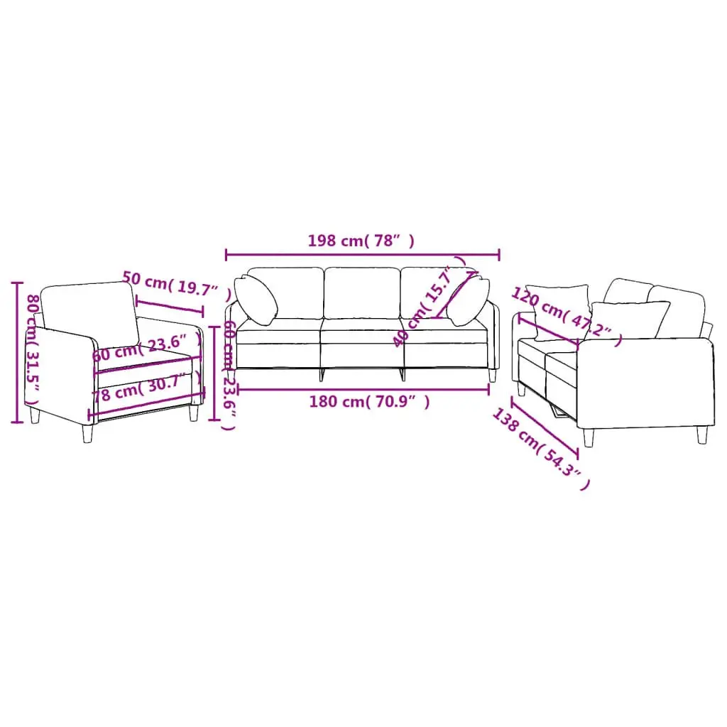 3 Piece Sofa Set Black Fabric Living Room Couch