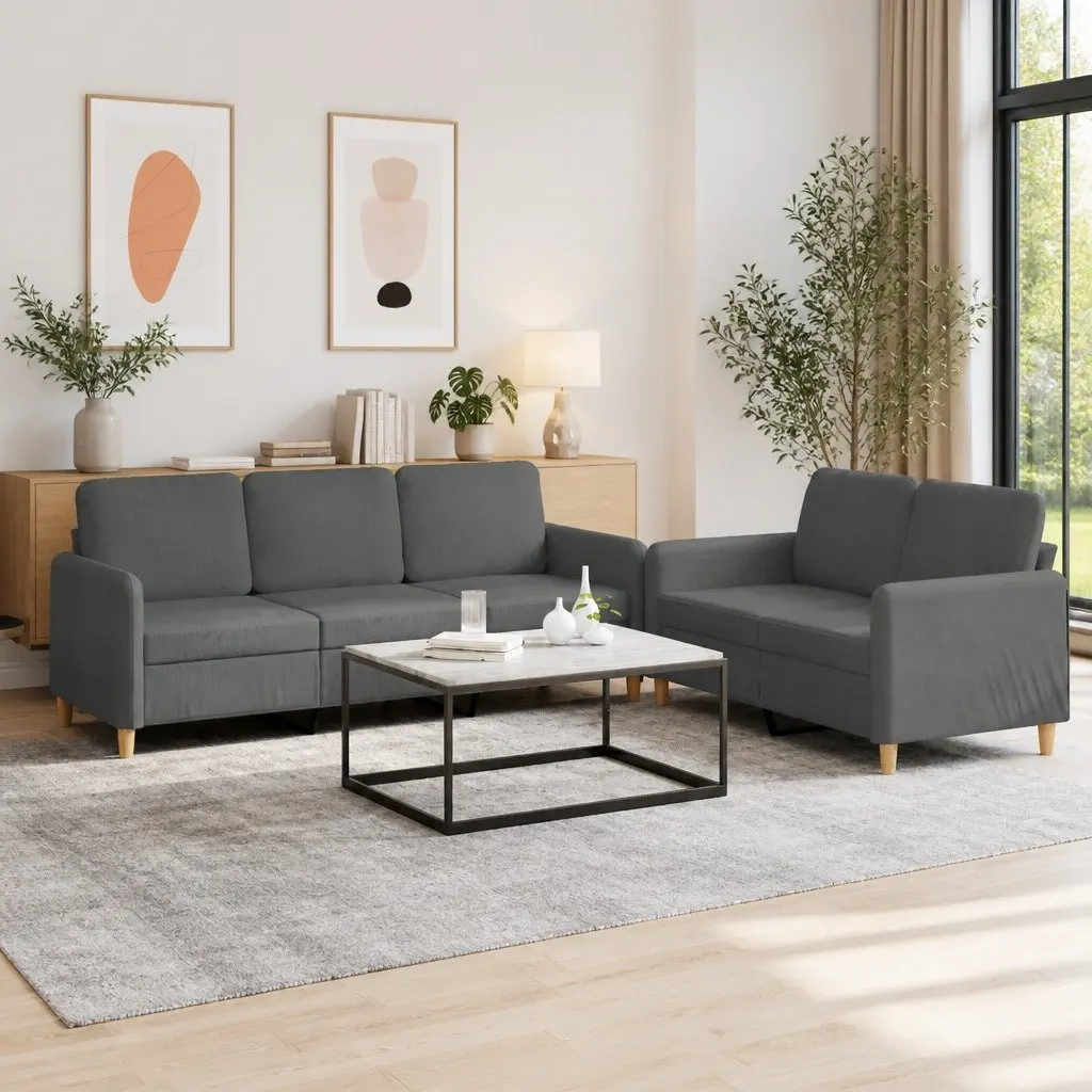 2 Piece Sofa Set Dark Grey Fabric Lounge Suite Comfortable Padded Cushions