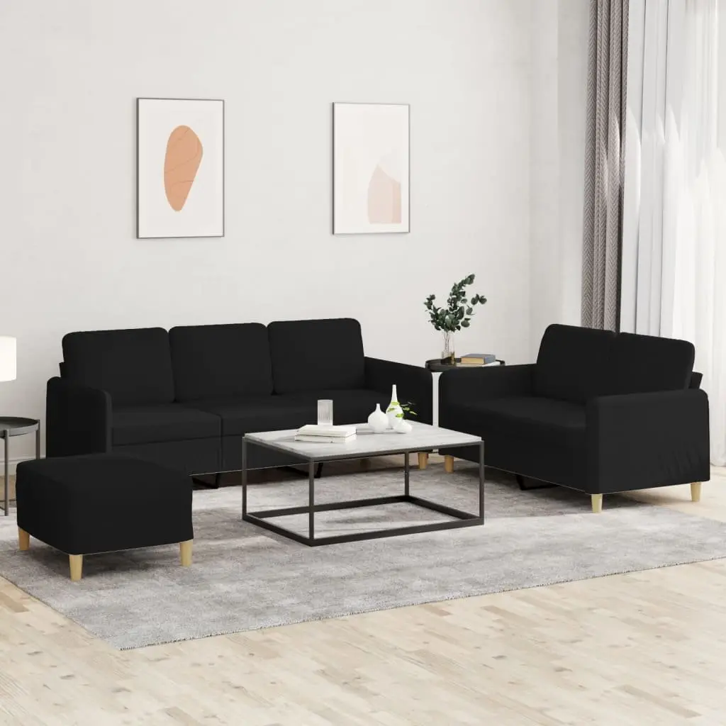 3 Piece Sofa Set with Cushions Black Fabric Lounge Couch Footstool Living Room