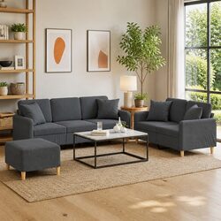 3 Piece Sofa Set Grey Fabric Couch with Throw Pillows and Footstool Living Room
