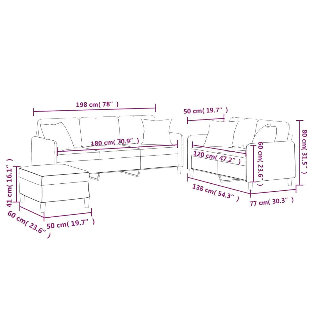 3 Piece Sofa Set Grey Fabric Couch for Living Room