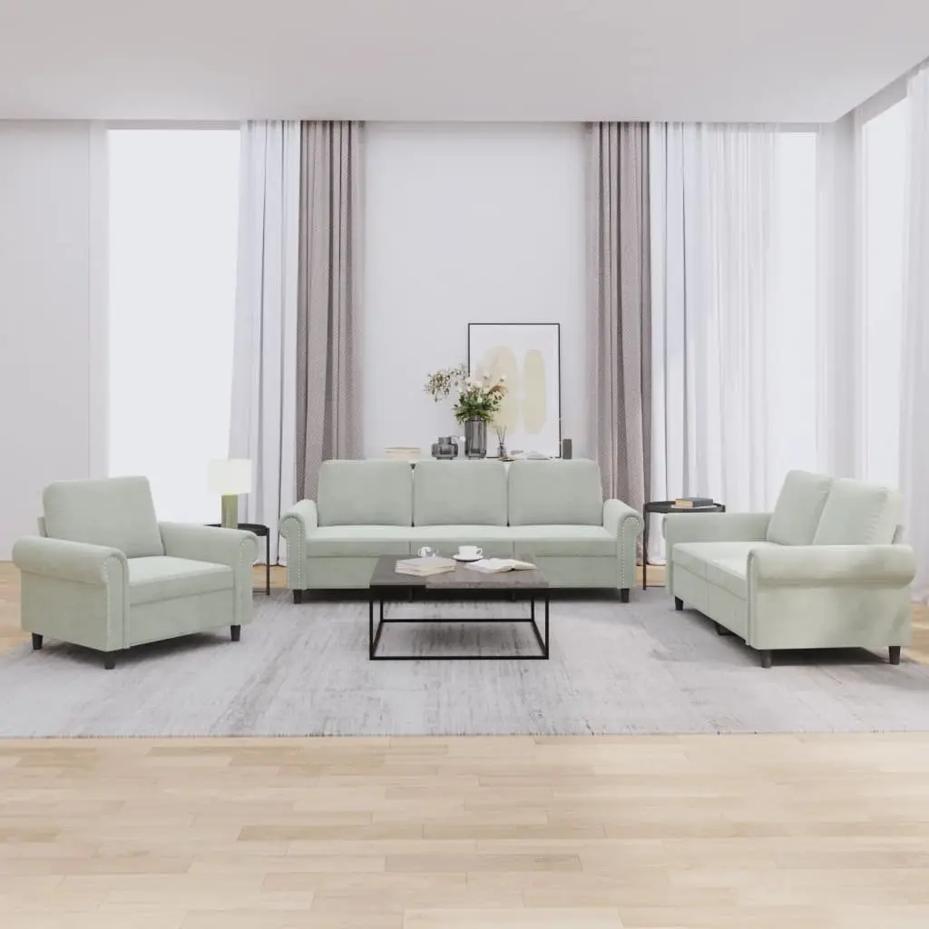 3 Piece Sofa Set Grey Velvet Lounge Suite Cushioned Armchair Couch Living Room