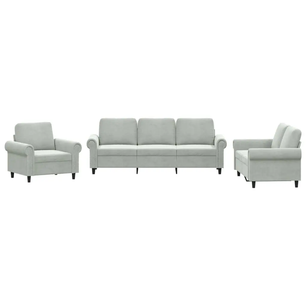 3 Piece Sofa Set Grey Velvet Lounge Suite Cushioned Armchair Couch Living Room