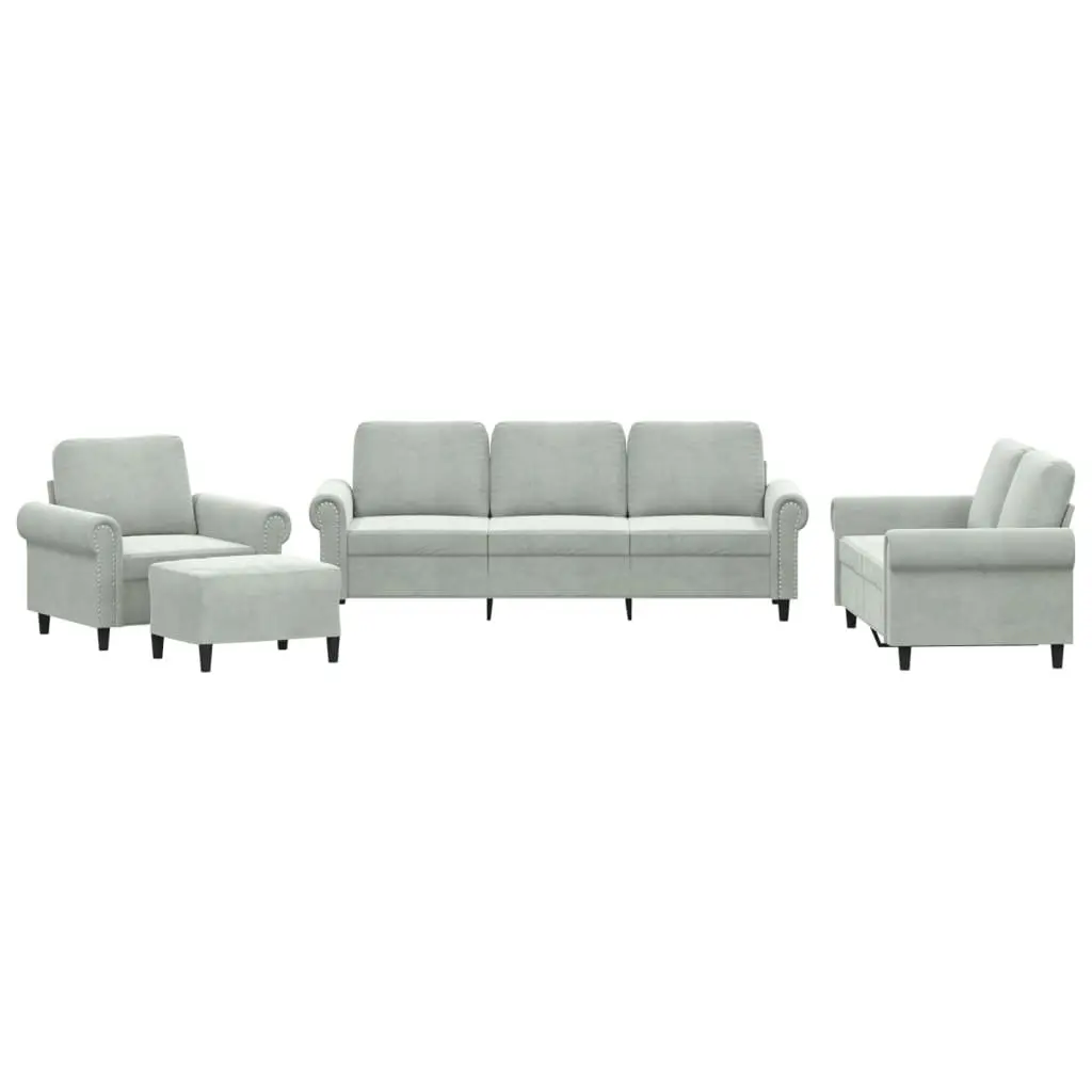 Sofa Set Grey Velvet Living Room Furniture 4 Piece with Cushions and Footstool