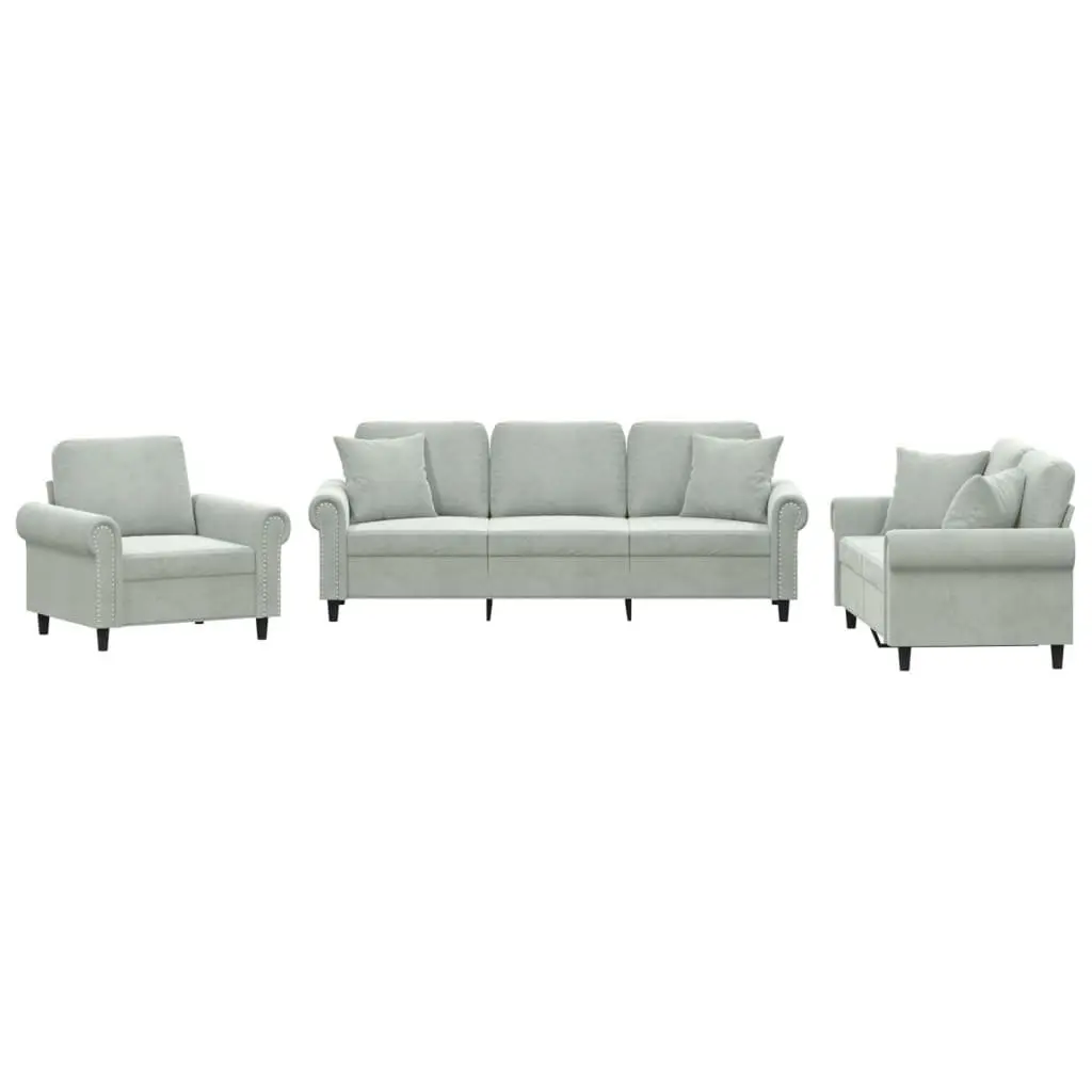 Grey Velvet 3 Piece Sofa Set with Pillows
