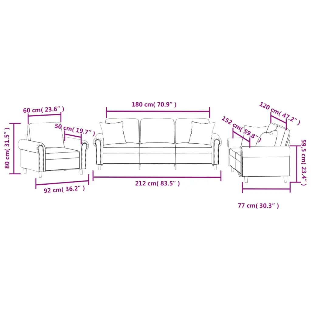Grey Velvet 3 Piece Sofa Set with Pillows