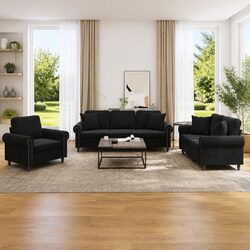 Comfortable 3 Piece Black Velvet Sofa Set with Pillows