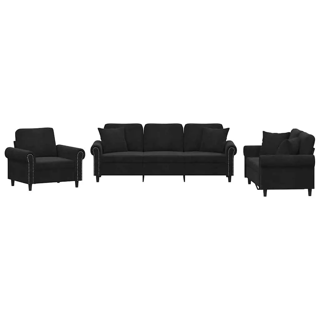 3 Piece Sofa Set Black Velvet Couch Seating Furniture
