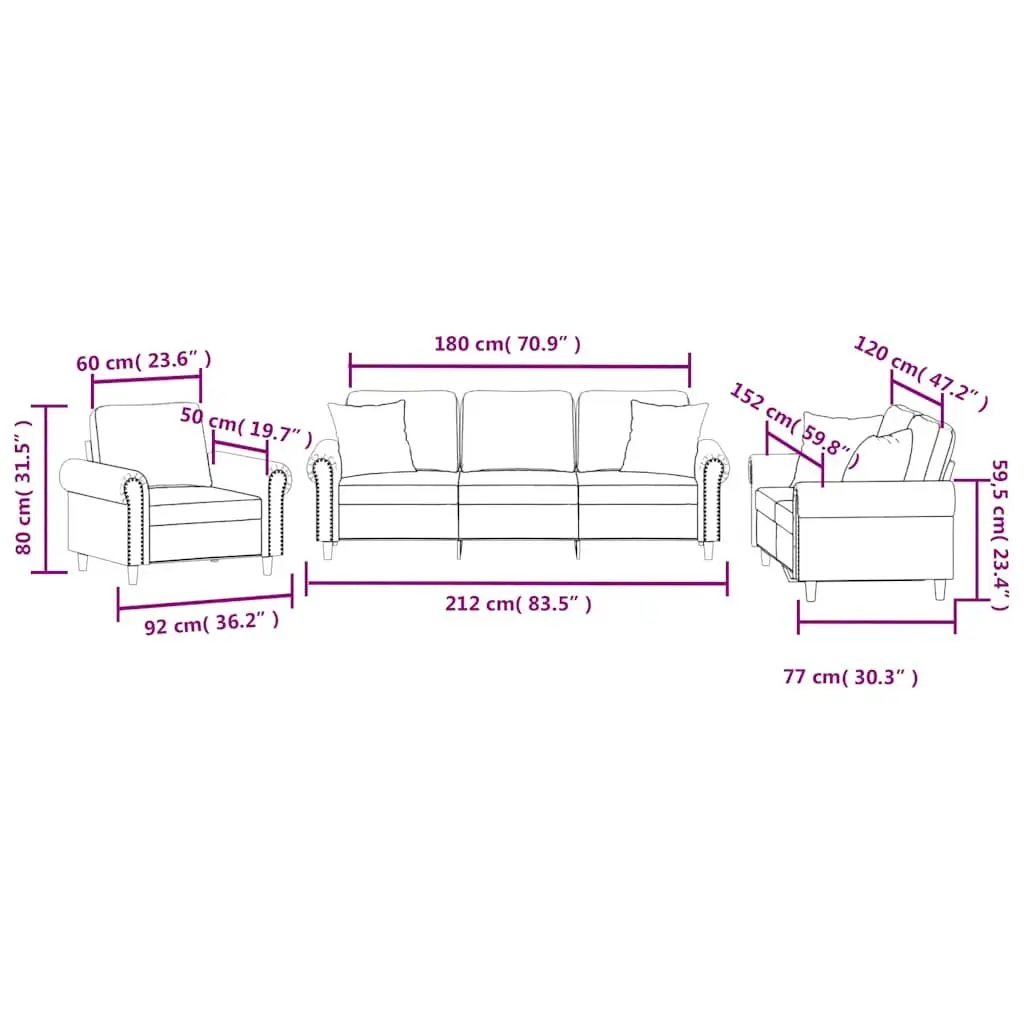 3 Piece Sofa Set Black Velvet Couch Seating Furniture