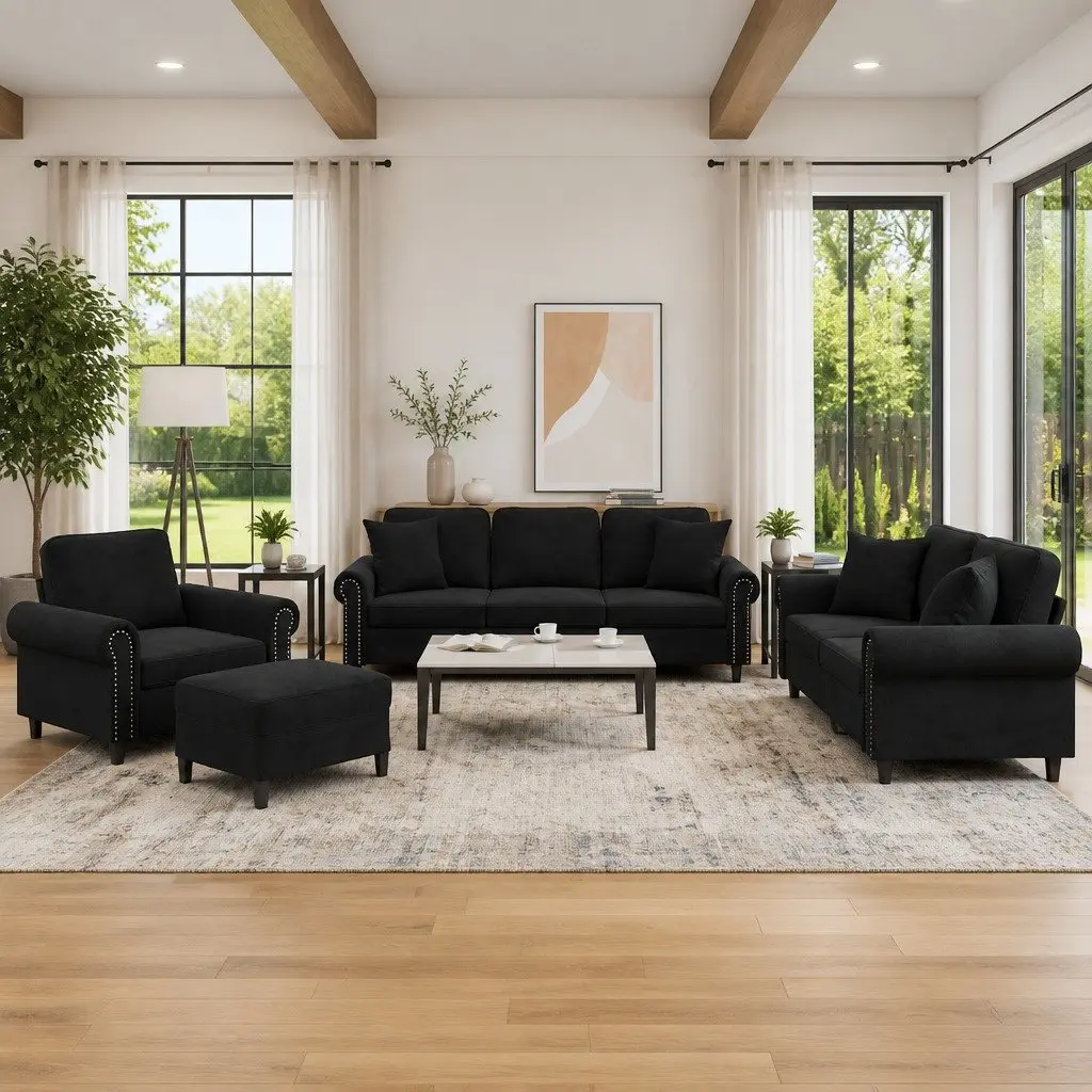 Sofa Set Living Room Couch Black Velvet 4 Piece with Throw Pillows and Footstool