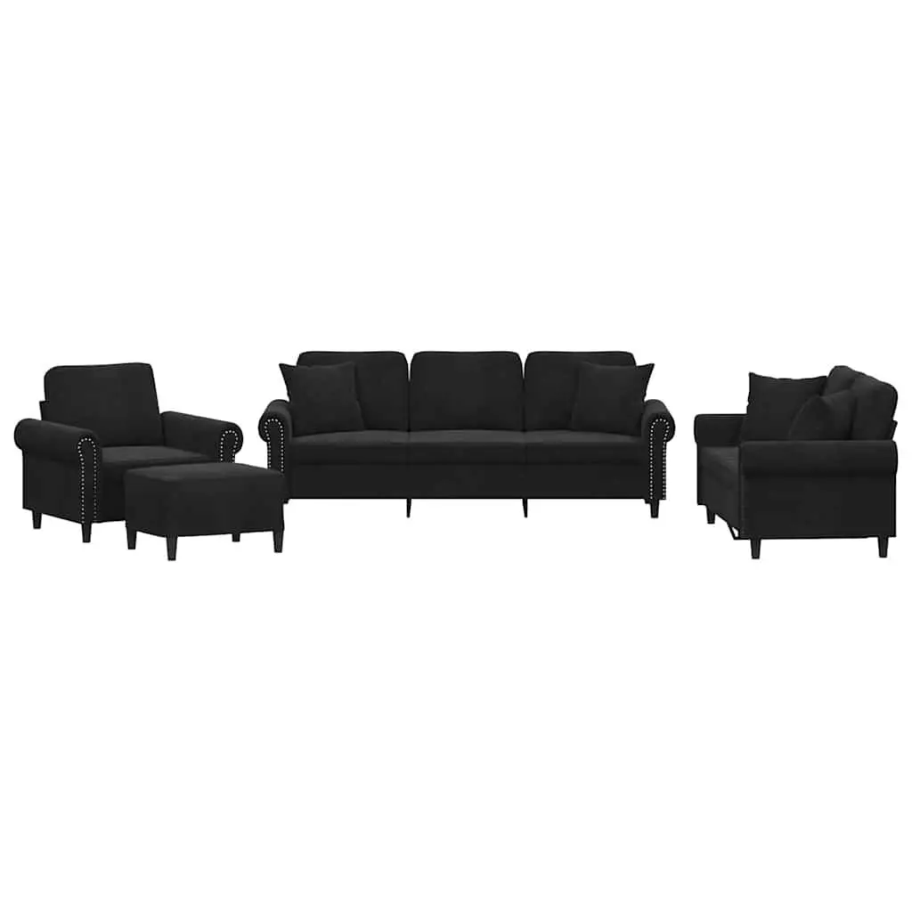 Sofa Set Living Room Couch Black Velvet 4 Piece with Throw Pillows and Footstool