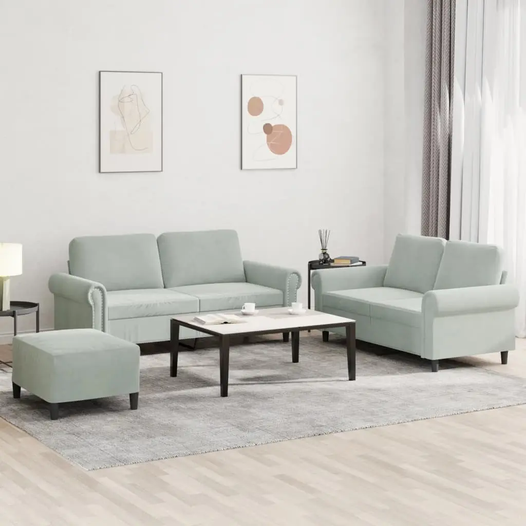 3 Piece Grey Velvet Sofa Set with Footstool