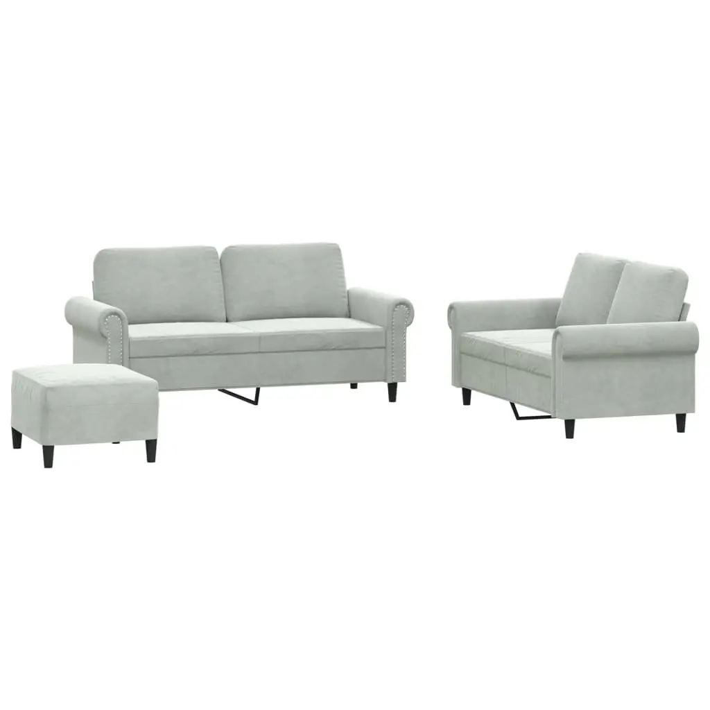3 Piece Grey Velvet Sofa Set with Footstool