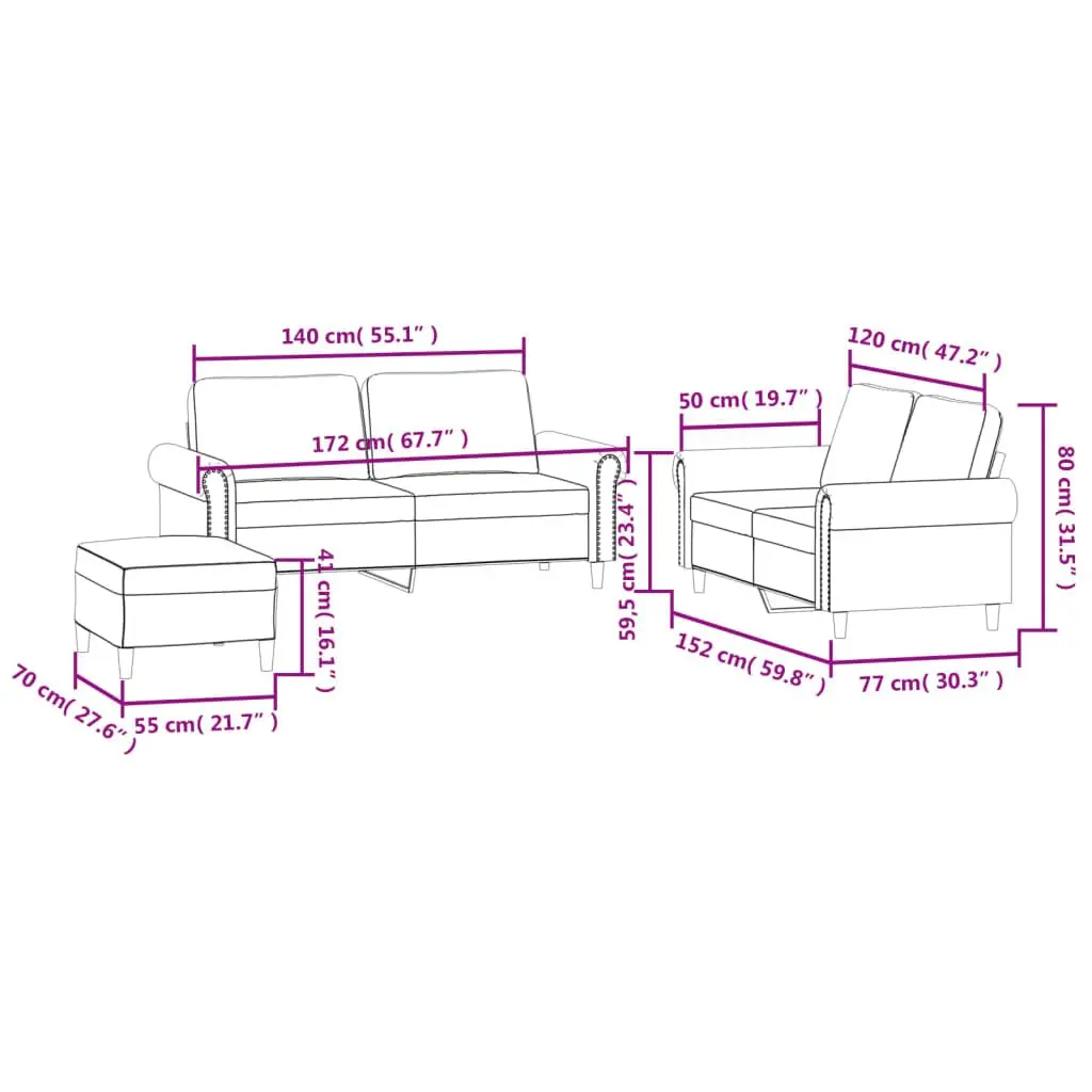3 Piece Grey Velvet Sofa Set with Footstool