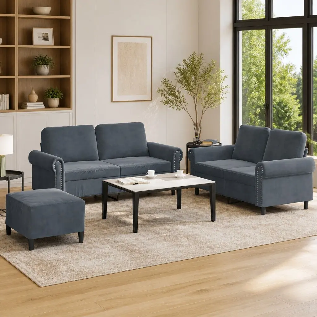 3 Piece Sofa Set Grey Velvet Lounge Suite with Footstool Cushions Living Room