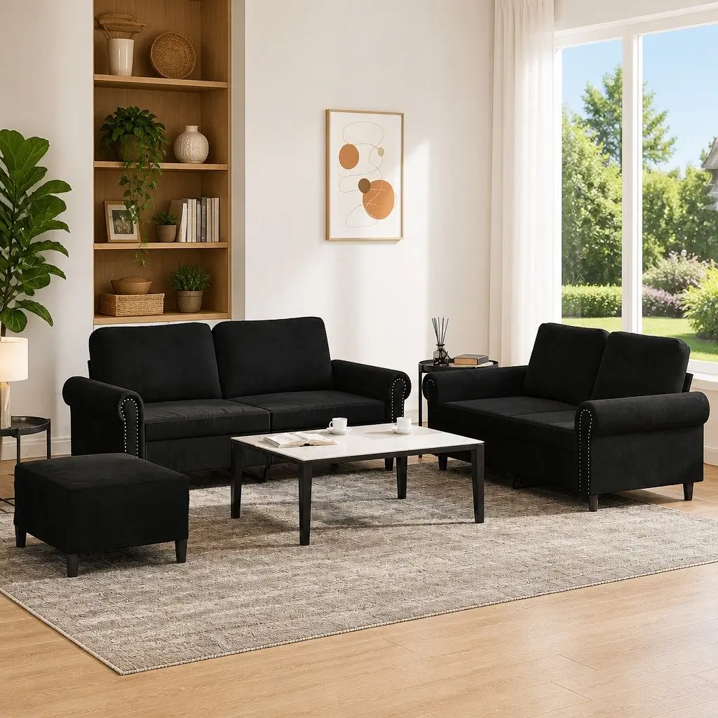 3 Piece Sofa Set Cushions Black Velvet Living Room Furniture