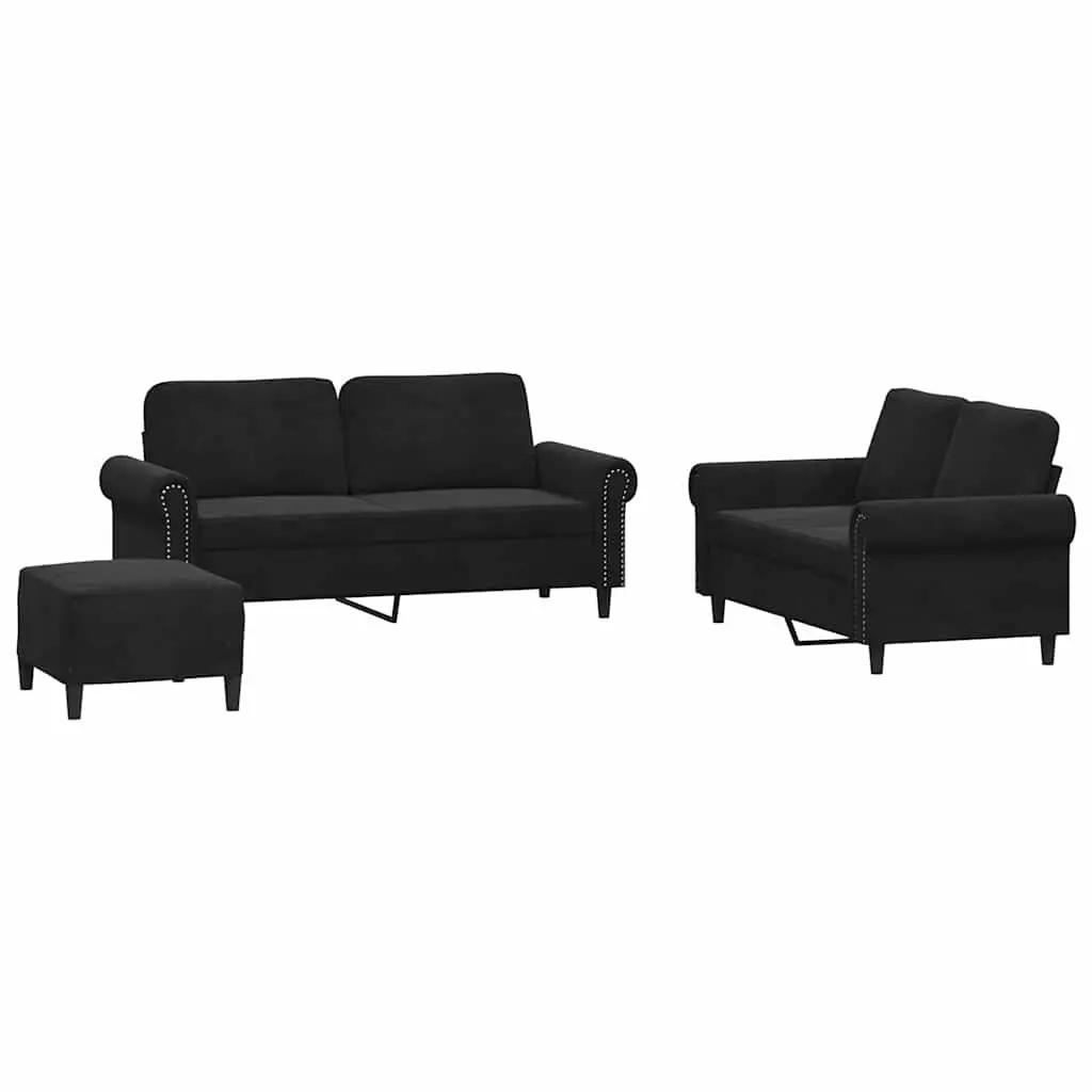 3 Piece Sofa Set Cushions Black Velvet Living Room Furniture