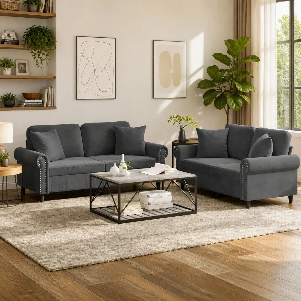 Sofa Set for Living Room Lounging 2 Piece Grey Velvet