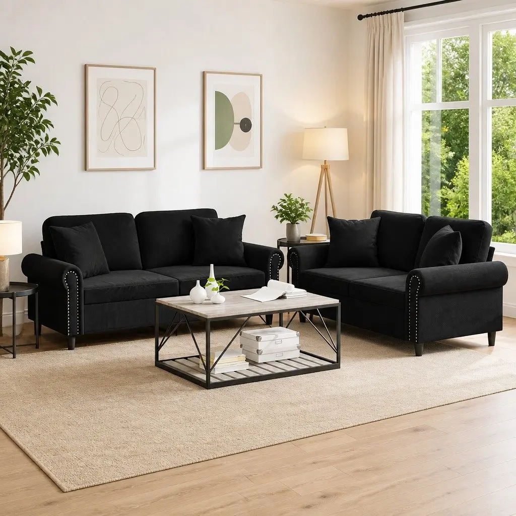 2 Piece Sofa Set Black Velvet Couch Living Room Furniture