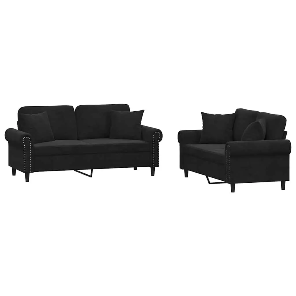 2 Piece Sofa Set Black Velvet Couch Living Room Furniture
