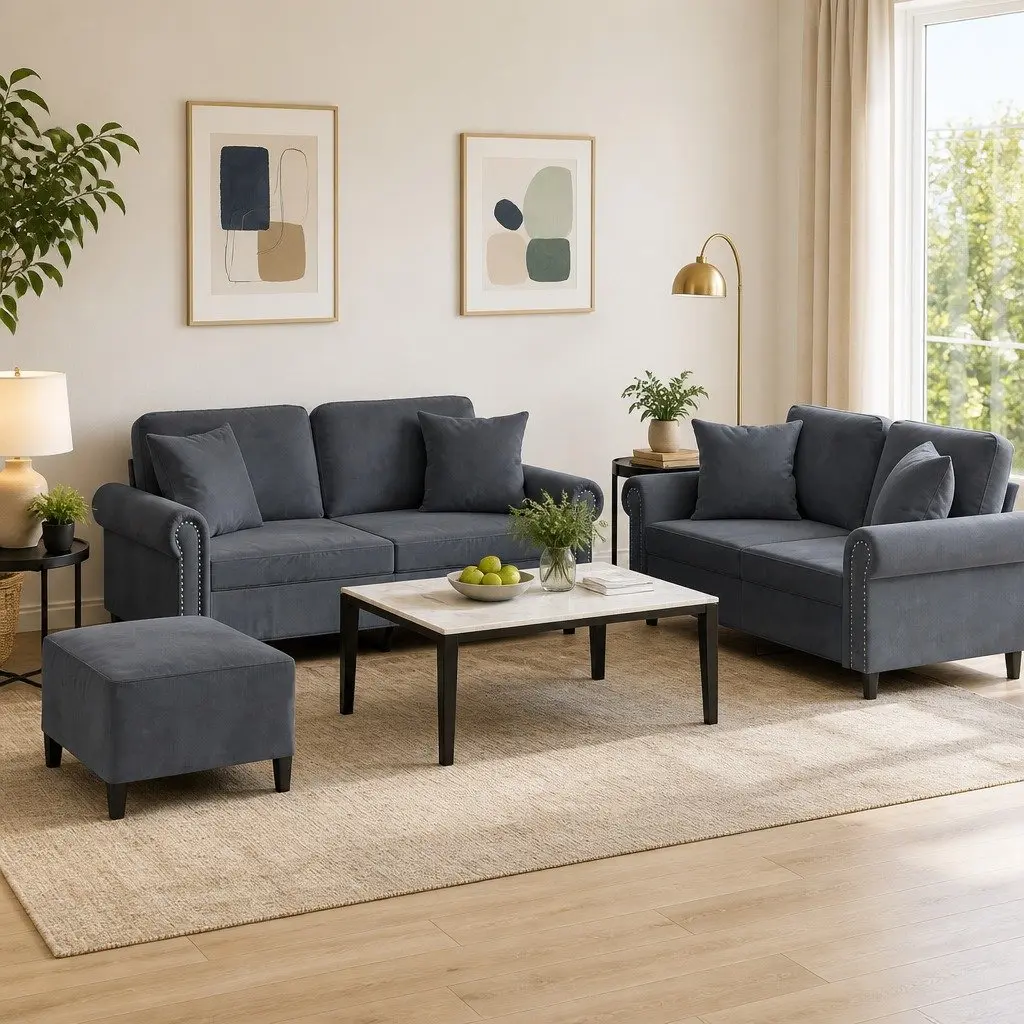 Grey Velvet Sofa Set with Pillows & Footstool
