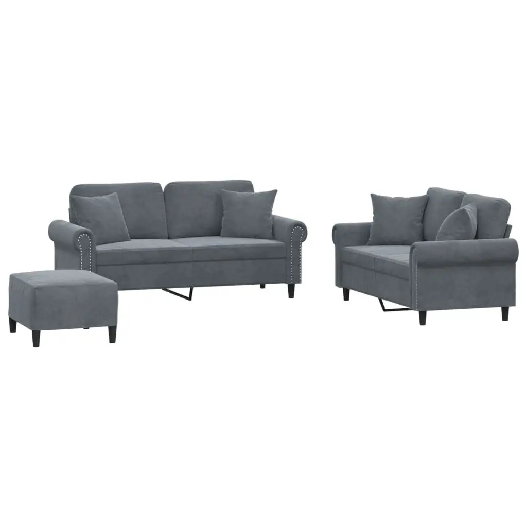 Grey Velvet Sofa Set with Pillows & Footstool